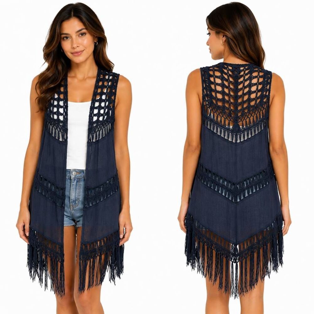 Rue 21 Navy Crochet Fringe Boho Vest Small